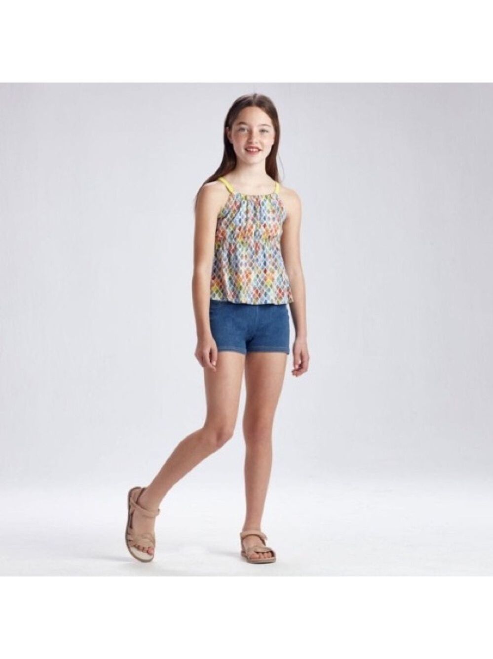 Size 8 Girls Mayoral Multicolor Diamond-Print Tank with Yellow Straps